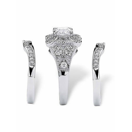 Platinum over Sterling Silver Cushion Cut Cubic Zirconia Vintage Clover Motif Bridal Ring Set